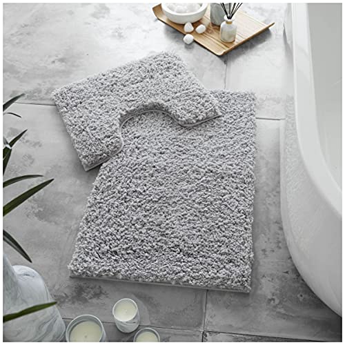 GC GAVENO CAVAILIA Luxury Super Soft 2 Piece Zero Twist Bath Mat Pedestal Set Non Slip, Extra Absorbent 100% Polyester Bathroom Toilet Rug, Regular (50x80, 50x40 cm), Grey