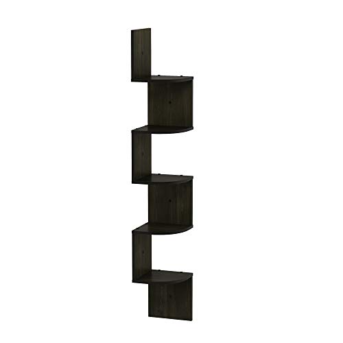 Furinno ROSSI Floating Book Shelves for Wall, 5-Tier Zigzag Corner Shelf Wall Mounted, Radial Corner Wall Shelf, for Living Room, Bedroom, Bathroom, Home Office, Espresso