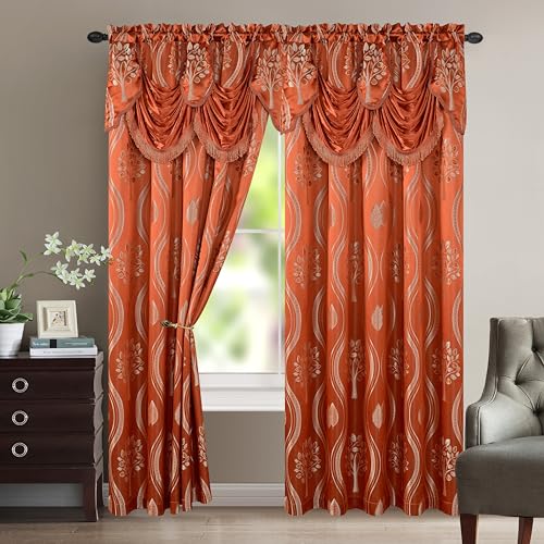 "Elegant Comfort Aurora Jacquard Look Curtain Panel Set with Attached Valance 54"" X 84 inch (Set of 2), Rusty Red"