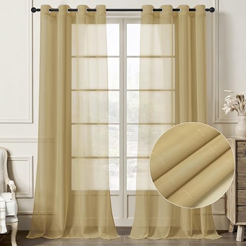 MISSTIAM Foil Stripe Gold Sheer Curtains 108 inches Length 2 Panels with Grommets 52 inches Widith, Semi Transparant Curtains for Living Room and Multiple Rooms, Light Filtering Window Treatment