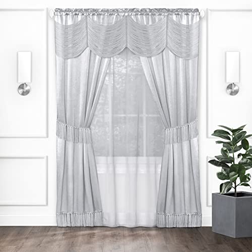 ACHIM Halley Window Curtains, 6-Piece Set - 56 Inch Width, 84 Inch Length, 2 Inch Rod Pocket - Silver - Includes Valance, 2 Solid Panels, Sheer Panel & 2 Removable Tie Backs Home D??cor