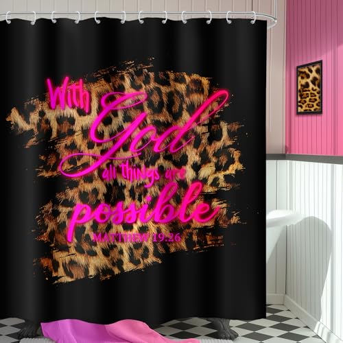 Christian Cheetah Print Shower Curtain Set 60x72 Bathroom Decor Leopard Art - Inspirational Scriptures Bible Bibilical Pink Positive Words Bathroom Curtain Set Waterproof Polyester Fabric with Hooks