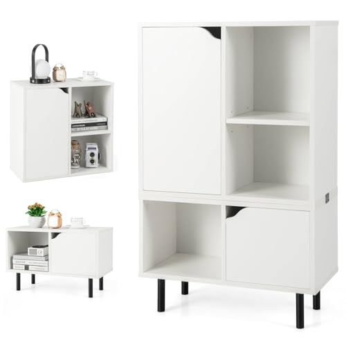 SFAREST 5-Cube Bookcase, Wooden Bookshelf Storage Unit with 5 Compartments & Metal Legs, Freestanding White Display Cabinet Accent Cupboard for Living Room Bedroom Office