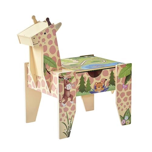 Teamson Kids Jungle Giraffe 2-in-1 Wooden Activity Table with Building Blocks Base, Road Play Surface, Built-In Storage, 23 Pieces + Car Included
