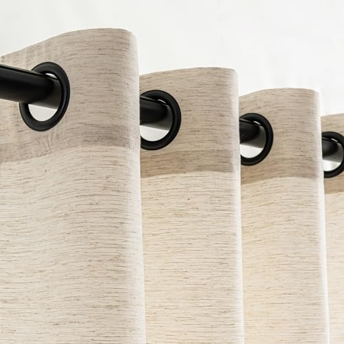VOILYBIRD Black Grommets Linen Curtains 63 Inch Length Slub Texture Drapes for Bedroom Neutral Farmhouse Decor, 52???W x 63???L, 2 Panels, Natural