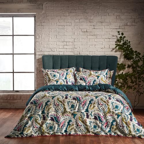 EW by Edinburgh Weavers Aretha Pillowcase Pair – Paisley Design Cotton Sateen, 200 Thread Count (Teal/Olive – 50 x 75cm)