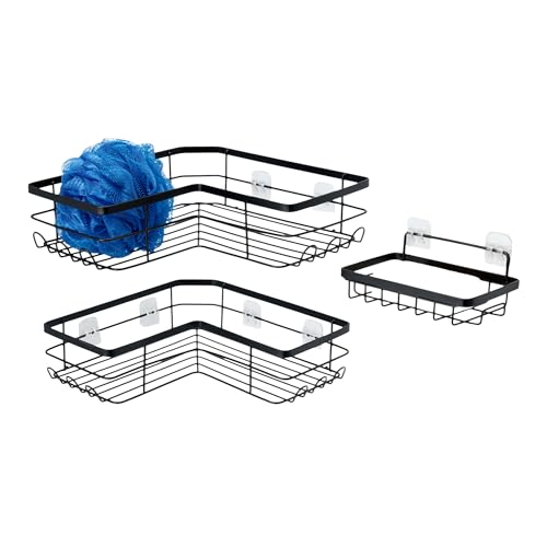 Amazon Basics L shape Adhesive Stainless Steel Shower Caddy, Black, Set of 3