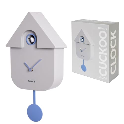 Fisura - Grey Cuckoo Wall Clock with Dial – Silent Non-Ticking Quartz, Modern Home Decor, Gift for Living Room or Kitchen (3AA Batteries not included)