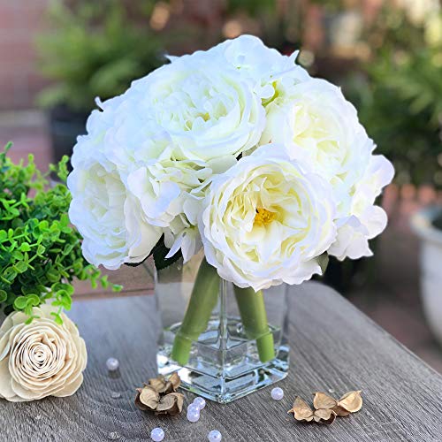 ENOVA HOME Peony and Hydrangea Mixed Artificial Flower Arrangement with Clear Glass Vase for Home Wedding Decoration (Cream)