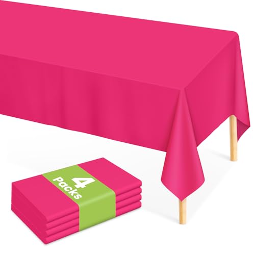 Mulbozy Hot Pink Plastic Table Cloth Disposable 4 Pack, 54 ?? 108 Inch Tablecloths Rectangle, Dark Pink Plastic Table Cover for Party Decor