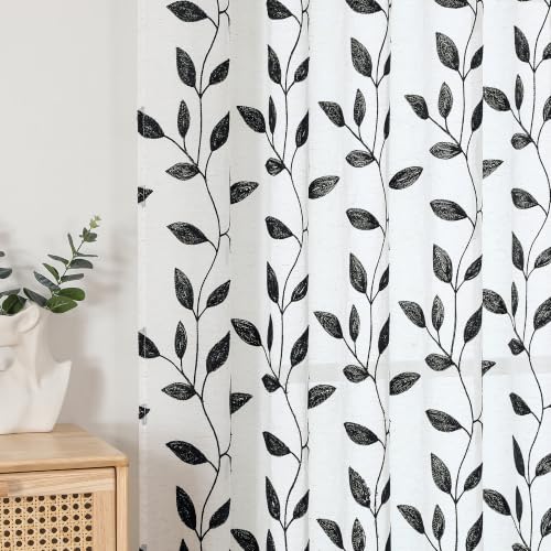 Chyhomenyc Black Sheer Curtains 63 Inch Length - Light Filtering Blend Linen Embroidered Leaf Pattern Window Curtain Panel Drapes for Living Room Bedroom, 40Wx63L Inch, 2 Panels