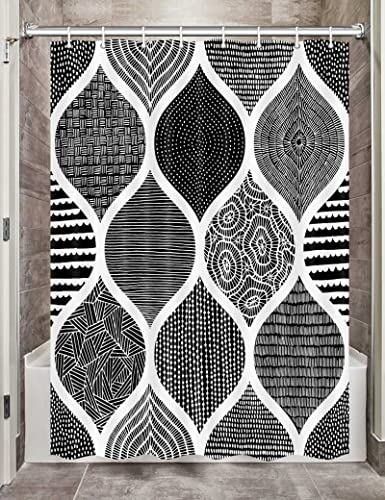JAWO Black and White Camper RV Shower Curtain for Travel Trailer Bathroom, Bohemian Chic Camping Small Narrow Shorter Fabric Shower Curtains Set, Happy Camp Outdoor Decor Accessories with Hooks 47X64
