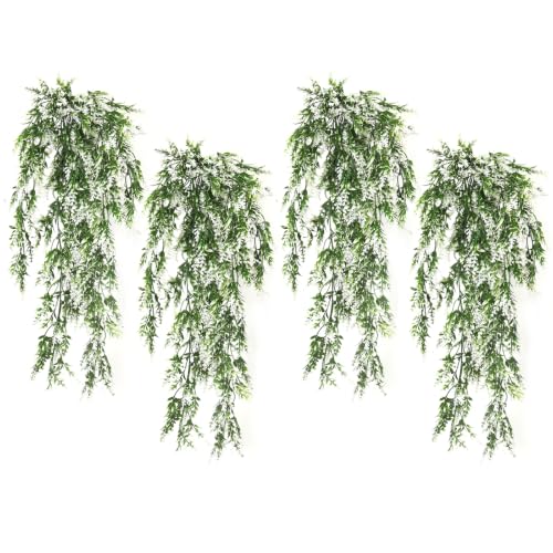 RECUTMS 4Pcs Artificial White Lavender Fake Hanging Plants Easy Care - UV Resistant,Plastic,Trailing ivy Greenery Garland,Home,Room,Garden,Wedding,Front Porch,Patio,Farmhouse,Indoor Decor(29in)