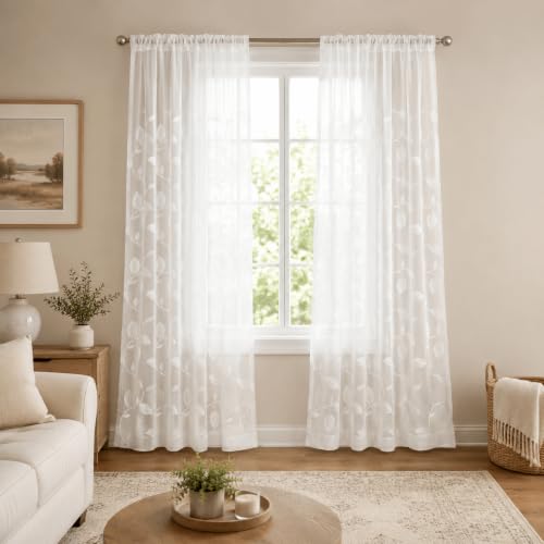 White Sheer Curtains 84 inches Long Leaves Embroidered Window Curtain Sheer Voile Panels for Living Room & Bedroom, 54x84, Two Panels