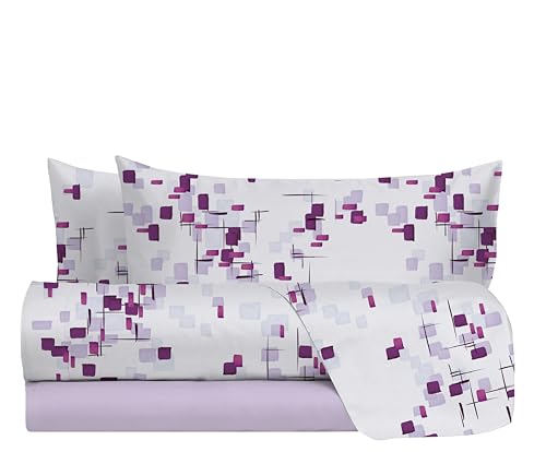hermet Single Bed Sheet Set in 100% Cotton Pattern, Single Bed Set, Top Sheet + Fitted Sheet + Pillow Case, Terry Wisteria