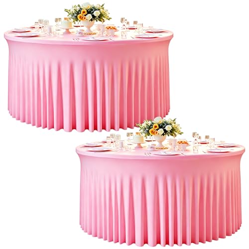 GALLETY 2 Pack Pink Round Tablecloth, Stretchy Spandex Table Cloths for 6ft Tables, Birthday Tablecloth Round Table Cover with Skirt for Wedding Party Photography Decoration