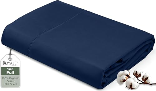 "Royale Linens 100% Organic Cotton Full Flat Sheet Only - Super Soft - Percale Top Sheets - Full Flat Sheet Sold Separately - Breathable, Cool & Crisp Navy Sheets Only (81"" x 96"", Navy)"