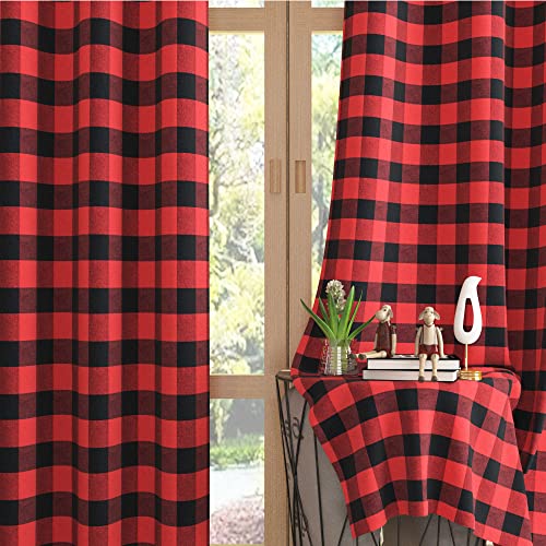 "Buffalo Check Window Curtains 80 inches Long Living Room Cotton Curtain Panels Bedroom Drapes Plaid Gingham Farmhouse Decor Curtains Rod Pocket Kitchen Bathroom Basement 2 Panels Red Black 52""x80"""
