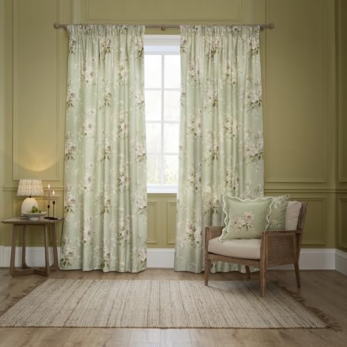 Sanderson Adele Room Darkening Pencil Pleat Curtain Pair – Botanical Floral Peony Lined Chenille Drapes (Sage - 168x137cm)