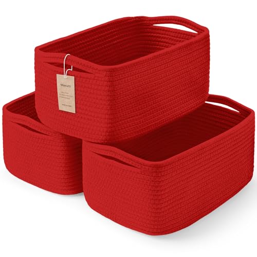 Maxuni 3-Pack Small Storage Baskets for Organizing - Woven Shelf Toy Basket - Rope Baskets for Gifts Empty - Closet Organizer Bins with Handles - Cube Decorative Box - 11.8??7.8??5.1??? - Christmas Red