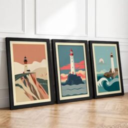 Lighthouse Triptych Coastal Set of 3 Framed Wall Art Prints A3