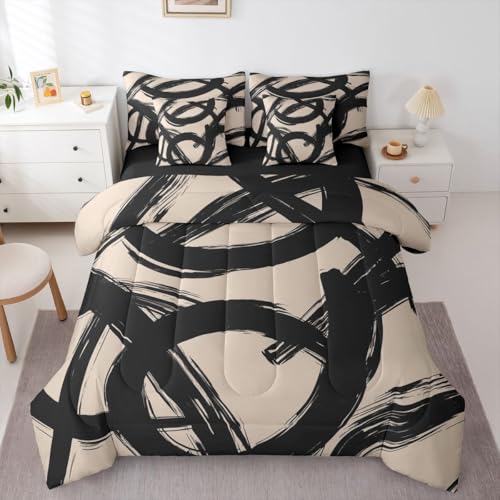 Erosebridal Black Beige Abstract 7 Piece Comforter Set King Bed in A Bag Modern Graffiti Minimalist Line Bedding Set Simple Cool Unique Geometric Sketch Sheet Set Ink Painting Aesthetic Quilt