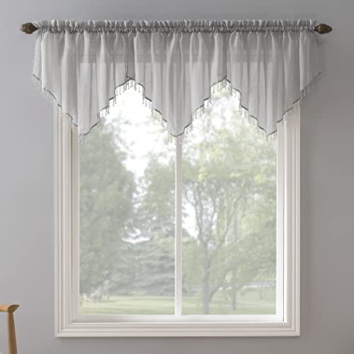 "No. 918 Erica Crushed Voile Ascot Beaded Sheer Rod Pocket Curtain Set, 153"" x 24"", Gray"