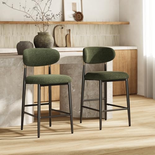 MALOL Counter Height Bar Stools Set of 2, Fabric Kitchen Bar Chairs with Backrest, Metal Legs and Footrest, Modern Barstools Counter with Anti-Slip Pads for Kitchen Island, Dining Room, Green