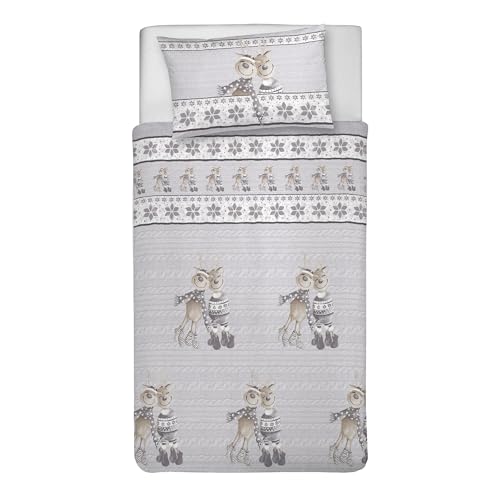 PENSIERI DELICATI 100% Cotton Single Duvet Cover Set, 155 x 200 cm and 1 Pillowcase 52 x 82 cm, Made in Italy, Duvet Cover Machine Washable At 40 Degrees, Grey Reindeer Design