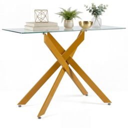 CASART Tempered Glass Console Table, 115cm Narrow Entryway Table with Heavy Duty Metal Tubular Legs, Modern Behind Couch Side Accent Sofa Tables for Hallway Living Room (Golden)