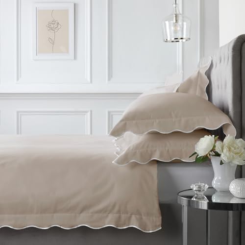 Appletree Scallop Natural Duvet Cover – Double Size (200x200cm) – 100% Cotton 200TC – Frilly Ruffle Bedding with 2 Pillowcases – Soft Natural Bed Linen – Elegant Neutral Bedroom Set