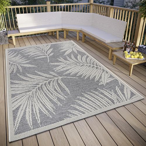 Hanse Home Paru Outdoor Rug Weatherproof - Modern Palm Tree Pattern Floral Design, Waterproof Robust Outdoor Rug Flat Weave for Garden, Balcony, Patio, Living Room - Grey Cream, 76 x 150 cm