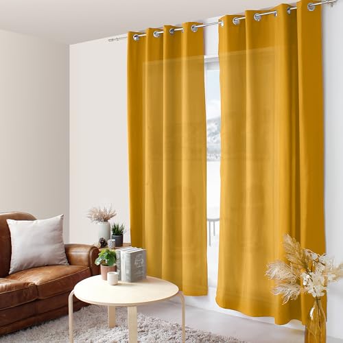 ED ENJOY HOME Mustard Yellow Curtain 140 x 240 cm Metal Eyelets Microfibre Fabric Cotton Voile Look for Bedroom and Living Room