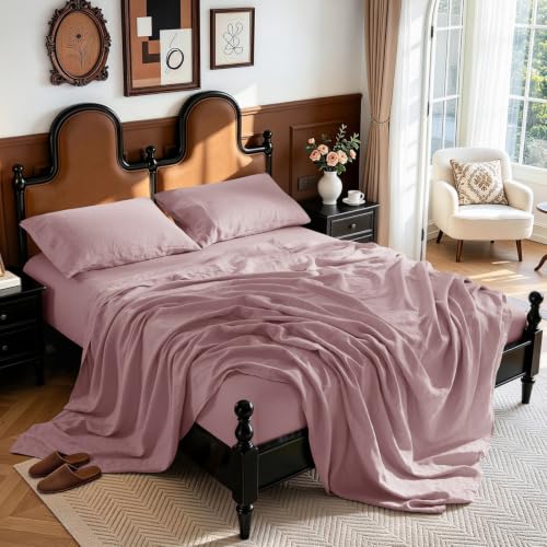 "LBRO2M 100% French Organic Linen Sheet Set, 19"" Deep Pocket Cal King 4 Pcs - Natural Flax Bed Sheet, Soft, Breathable,Durable Sheets, Cozy for All Year Round, Ideal for Hot Sleepers, Embroidery Purple"