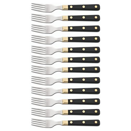 Arcos Table Knives - Box 12 Pieces Steak Fork - Stainless Steel 18/10 and 195 mm (7.68 Inch) - Handle Polyoxymethylene (POM) Black and Gold Colour (12 Piece)