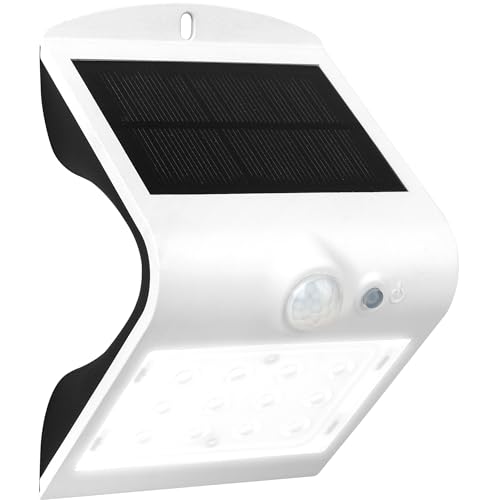 Luceco Solar Powered LED Outdoor Wall Light with PIR Motion Sensor, Security Light, Exterior Lighting, Curved Design, Adjustable, Guardian, White, IP44, 1.5W, 220lm, 4000K, LEXS22W40