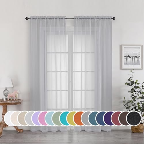 OWENIE Sheer Curtains 72 Inches Long for Living Room Bedroom, Rod Pocket Fimly Voile Door Curtains with Soft Touch, Rod Pocket Solid Light Grey Voile Elegant Airy Curtains, Each 42Wx72L inch