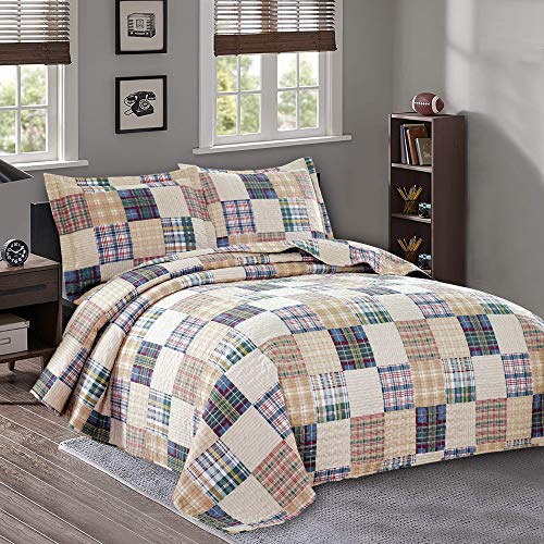 "Quilt Set Queen/Full Size Beige Plaid Bedspread Country Patchwork Bedding Red Blue White Plaid Quilts Reversible Plaid Printed Quilt Coverlet All-Season Mens Plaid Quilt+2 Pillow Shams (90""90"") Beige"
