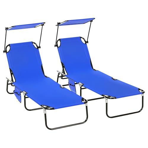 Outsunny 2 Piece Folding Sun Loungers with Canopy, Adjustable Recliner Garden Chairs with Side Pocket, Steel Frame and Breathable Mesh for Outdoor, Pool, Beach, Garden, Blue