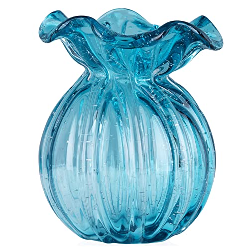 Blown Glass vase, Green Glass vase, Modern Art vase, Wide Mouth vase for Living Room Wedding Table Office centerpieces with Flowers.