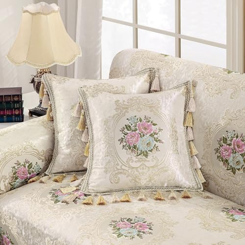 Loom and Mill 1 Piece Luxury Throw Pillow Covers 20x20 Inch, Elegant Floral Decorative Pillow Cover with Tassels, Jacquard Damask Pillow Cases for Living Room Bedroom Sofa Couch Chair(Pearly Beige)