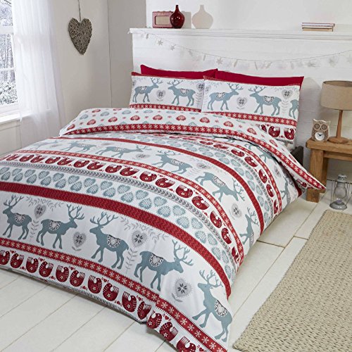 Rapport Home - King Size Flannelette Duvet Cover Set – 100% Brushed Cotton Bedding with 2 Pillowcases for Cozy Warmth & Comfort - Red/Multi-Colour Design