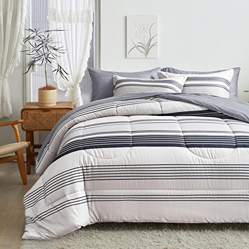 Flysheep 3 Pcs Gray Striped Modern Comforter Set King Size, Grey and Black Stripes on White, Soft Microfiber Reversible Bedding for All Season