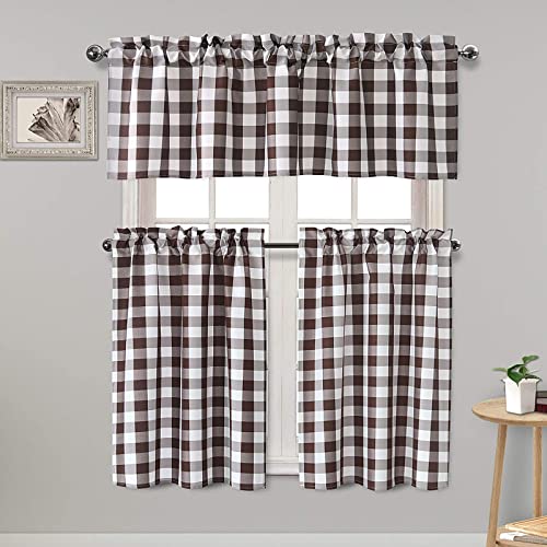 Hiasan Semi Sheer Checkered Kitchen Curtains Light Reducing Buffao Tier and Valance Curtains, Coffee, Set of 3 Pieces, 60 W x 18 L (1 Panel) + 29 W x 36 L (2 Panels)