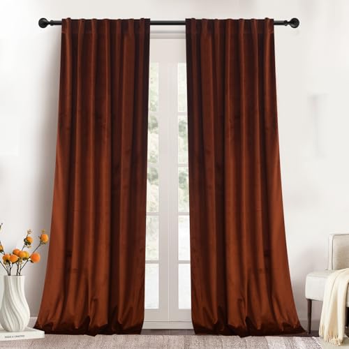 Roslynwood Luxury Soft Rust Velvet Curtains 120 inches Long Back Tab Thermal Insulated Blackout Window Drapes for Living Room/Bedroom/Dining Room, W52 x L120, 2 Panels