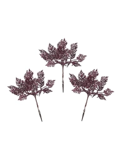 Set of 3 Burgundy Glitter Leaf Christmas Tree Picks, 19cm Sprays