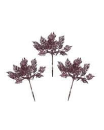 Set of 3 Burgundy Glitter Leaf Christmas Tree Picks, 19cm Sprays