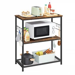 VASAGLE Kitchen Island Shelf, Baker's Rack, Microwave Oven Stand, with Metal Frame, 3 Open Shelves, 6 Hooks, 80 x 40 x 90 cm, Industrial Rustic Brown and Black KKI002B01