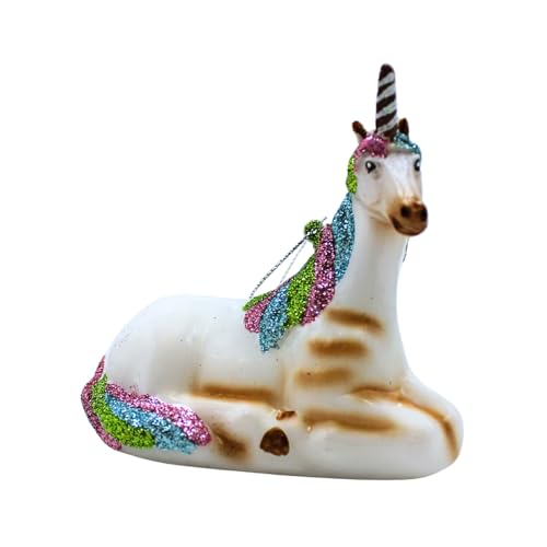 Dekohelden24 Lauschaer Christmas Tree Decoration - Lauscha Christmas Tree Baubles, Glass Ornament Unicorn, Glass Decoration as Unicorn in White with Colourful Mane, from Lauscha, L x W x H 10 x 5 x 9