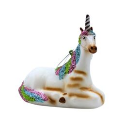 Dekohelden24 Lauschaer Christmas Tree Decoration - Lauscha Christmas Tree Baubles, Glass Ornament Unicorn, Glass Decoration as Unicorn in White with Colourful Mane, from Lauscha, L x W x H 10 x 5 x 9